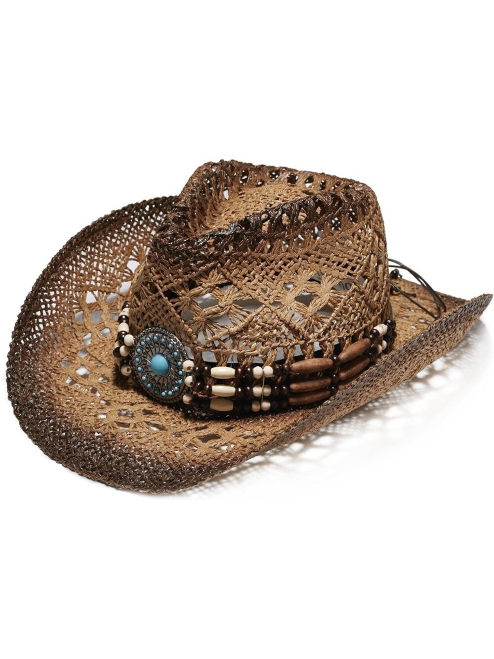 Unisex Brown Beads Western Straw Raffia Wide Brim Sun Bands Cowboy Cowgirl Hat